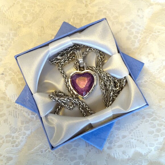 Vintage Purple Cracked Crystal Heart Silver Pendant Silver Tone Long Necklace - Picture 7 of 11